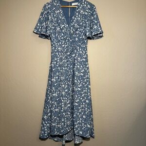 ASTR The Label Soft Blue and White Floral Midi Faux Wrap Dress Size Medium